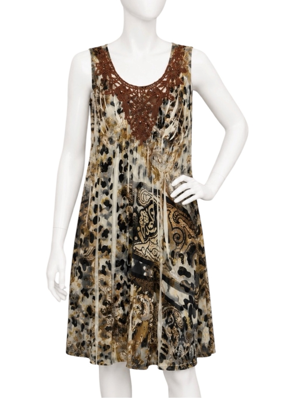 OneWorld Sleeveless Dress M Boho Paisley Animal Print Crochet Neckline